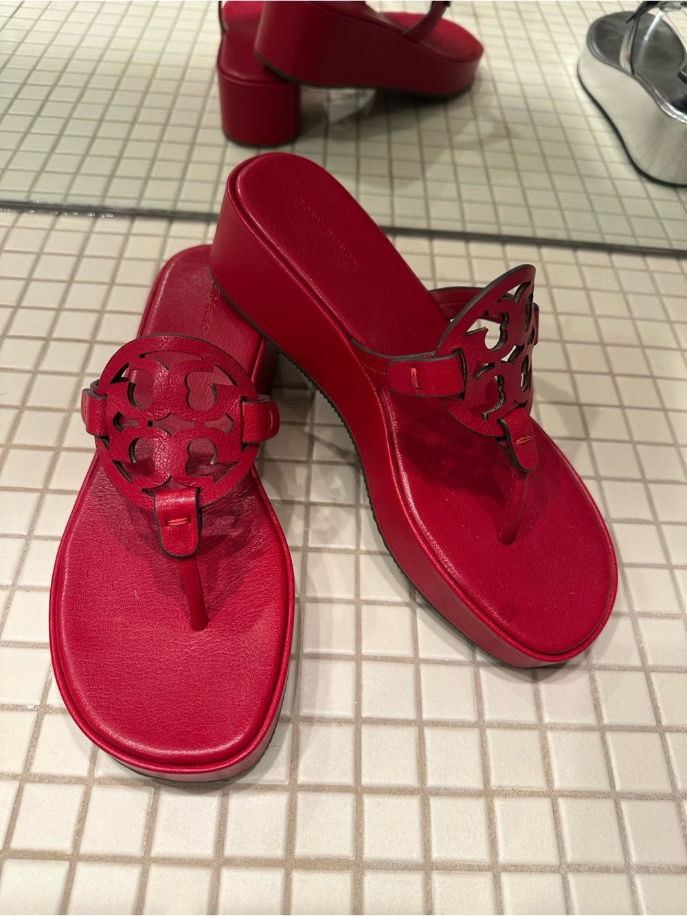 Tory Burch Red Leather Platform Miller Thong Sandals